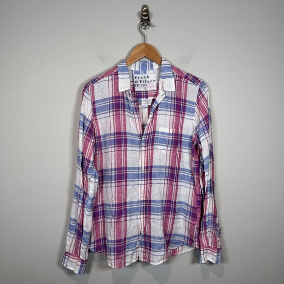 Frank & Eileen Tops - Frank & Eileen Barry Large Pink Purple White Linen Relaxed Button-Up Shirt Italy